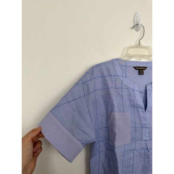 Tommy Bahama Women's Popover Linen Short Sleeve Blouse Blue Grid Size Small NEW - Picture 3 of 7